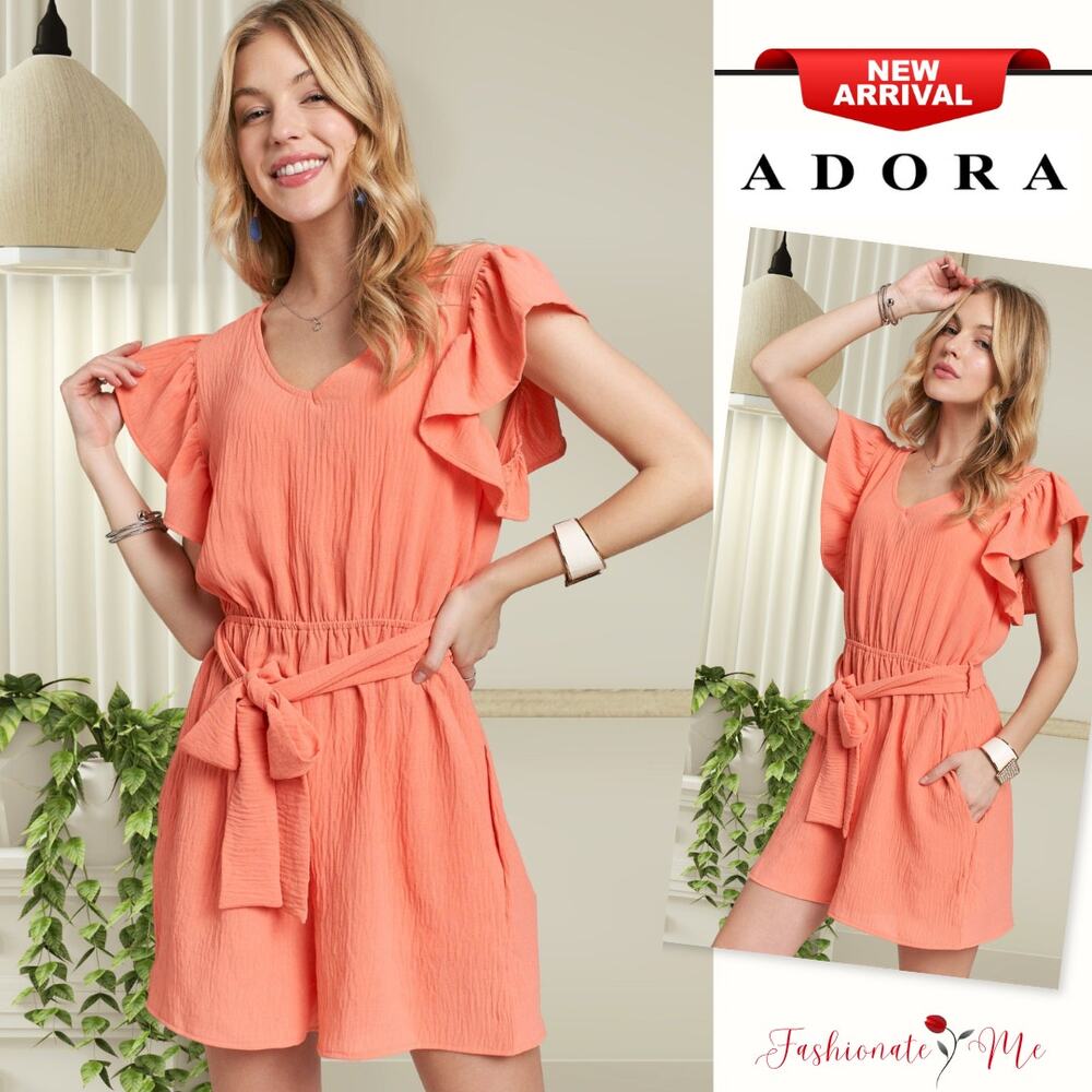 ADORA Ruffle Sleeves Side Pockets Waist Tie Detail Crinkle Fabric Romper | Coral